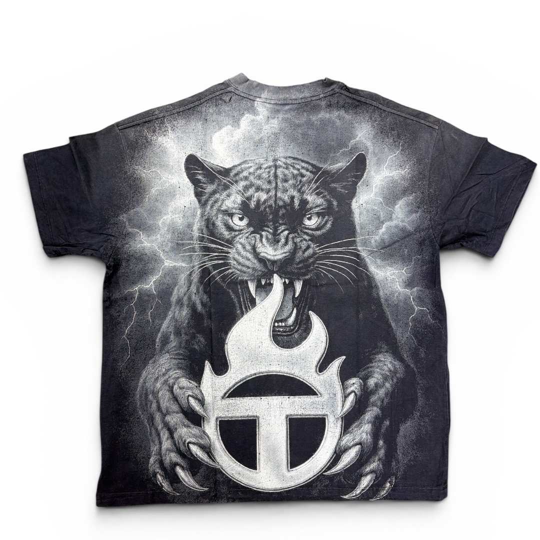 TENACITI washed charcoal tee with panther and lightning back graphic